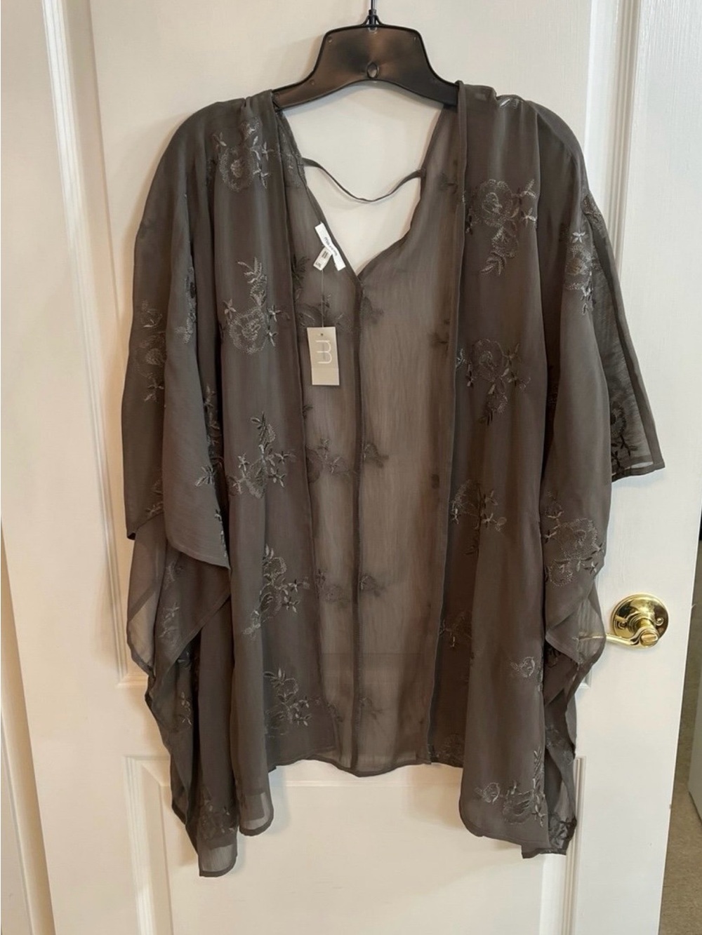 LOFT Charcoal Gray Embroidered Sheer Kimono